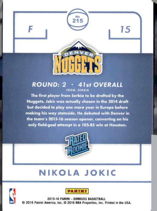 2016 Panini Donruss Rated Rookie Nikola Jokic #215