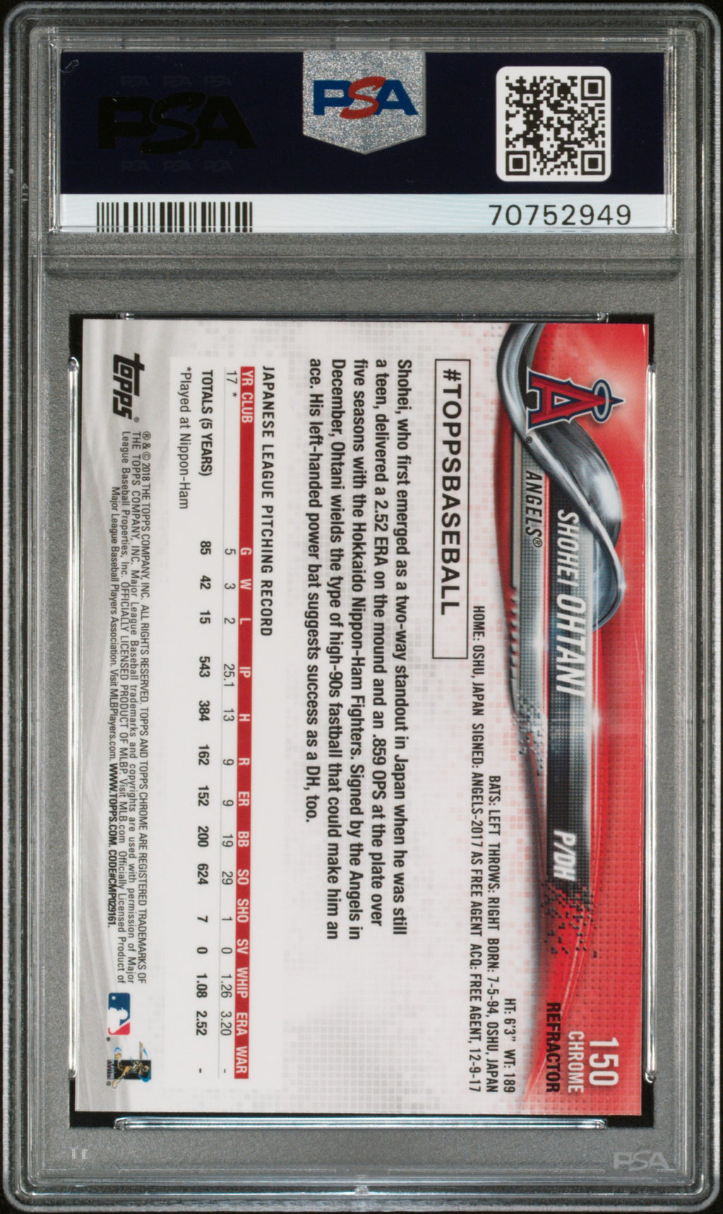 2018 Topps Chrome Shohei Ohtani #150 Pitching Refractor PSA 10