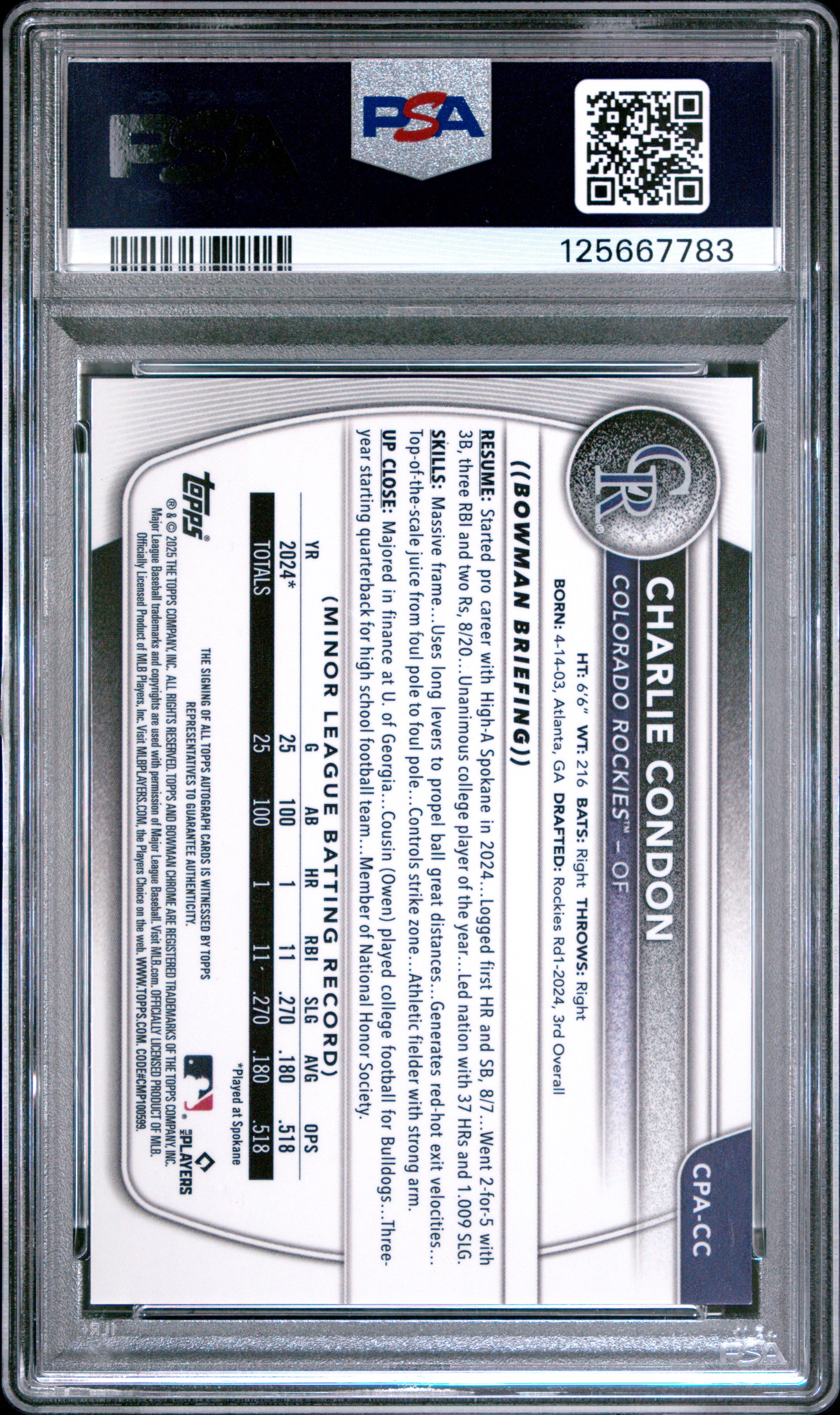 2025 Bowman Chrome Prospect Autographs Charlie Condon #CPACC Green Reptilian 36/99 PSA 10