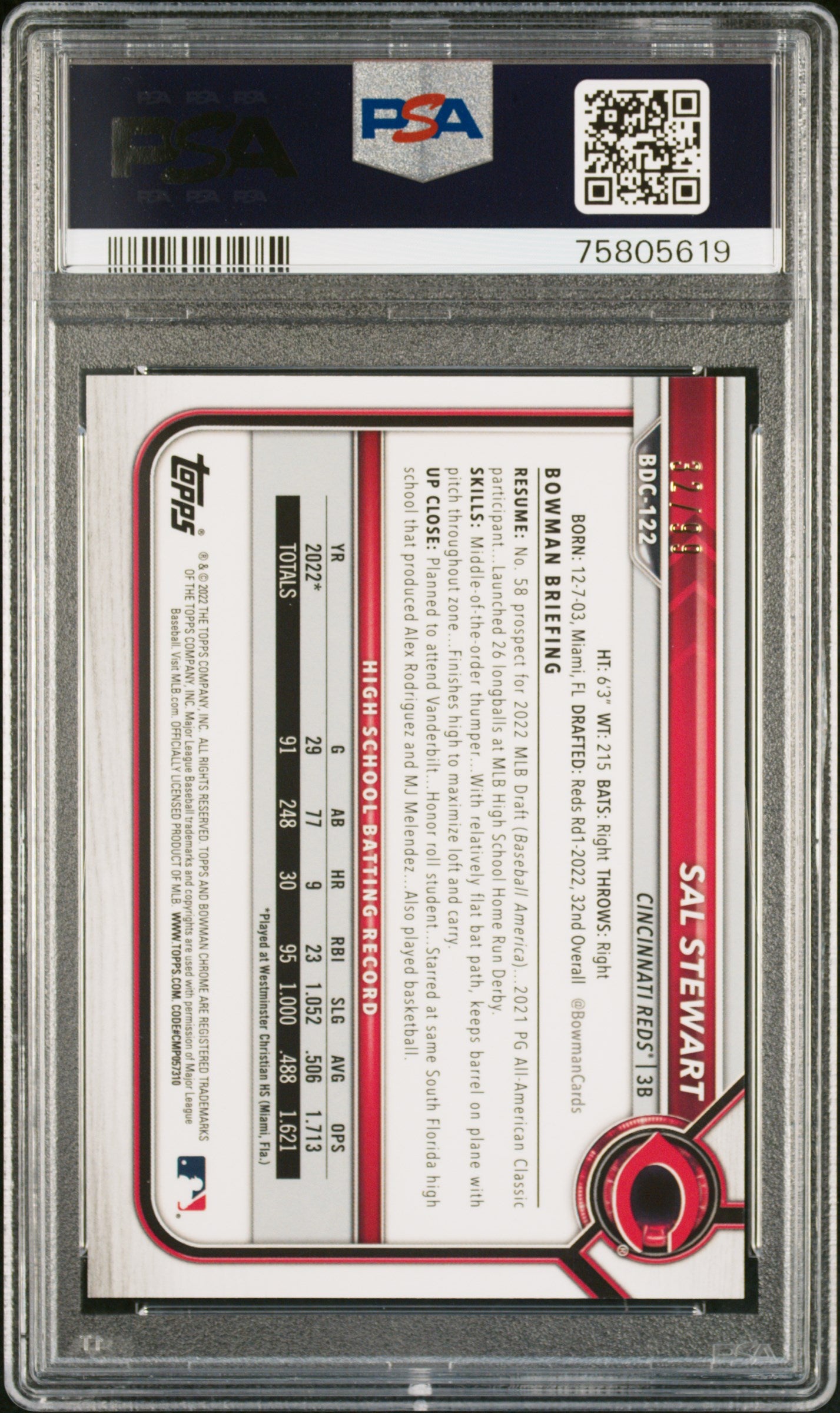 2022 Bowman Draft Sal Stewart #BDC122 CH GRN. Sparkle Refractor PSA 10