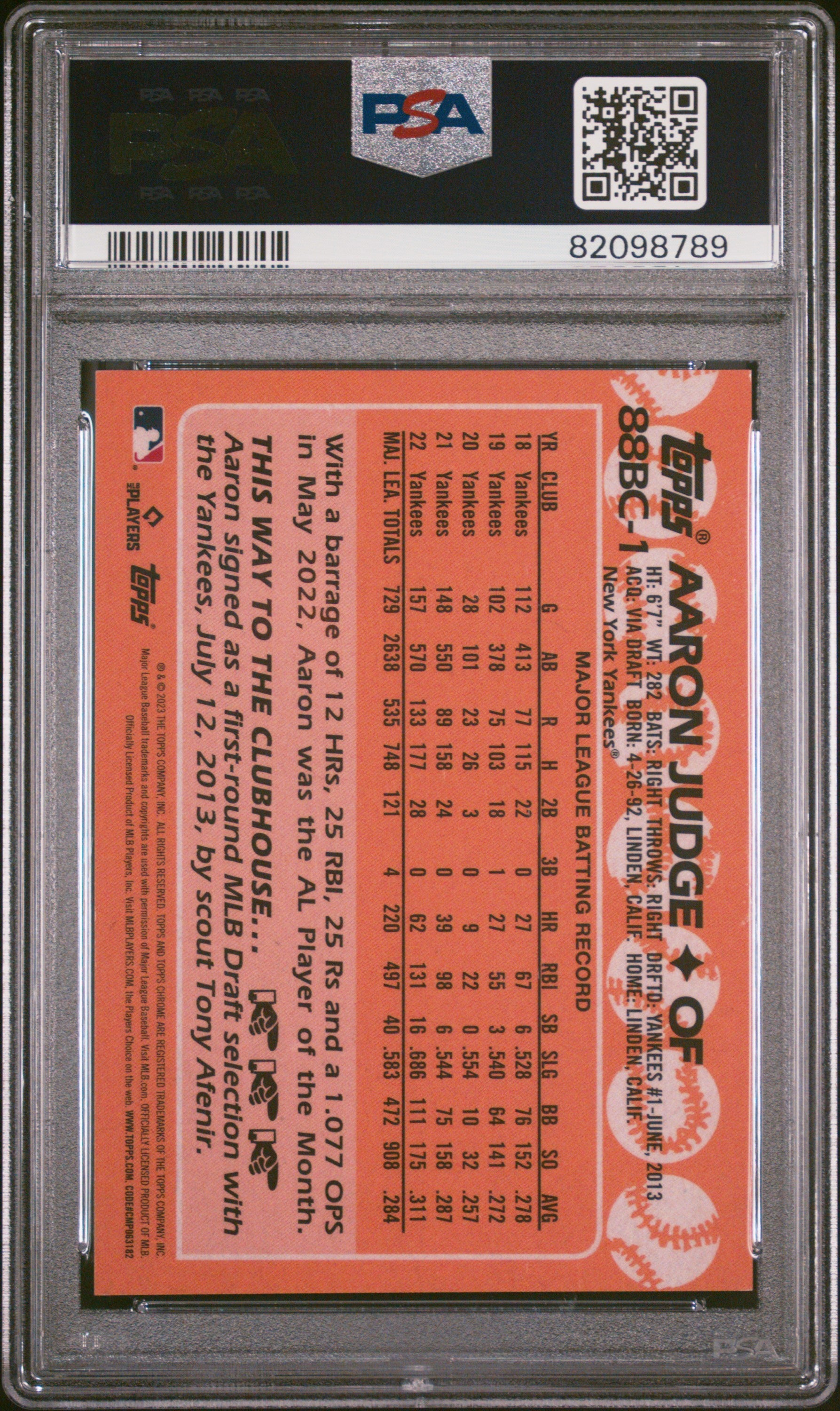2023 Topps Chrome 1988 Topps Baseball Aaron Judge #88BC1 Gold Refractor 30/50 PSA 10