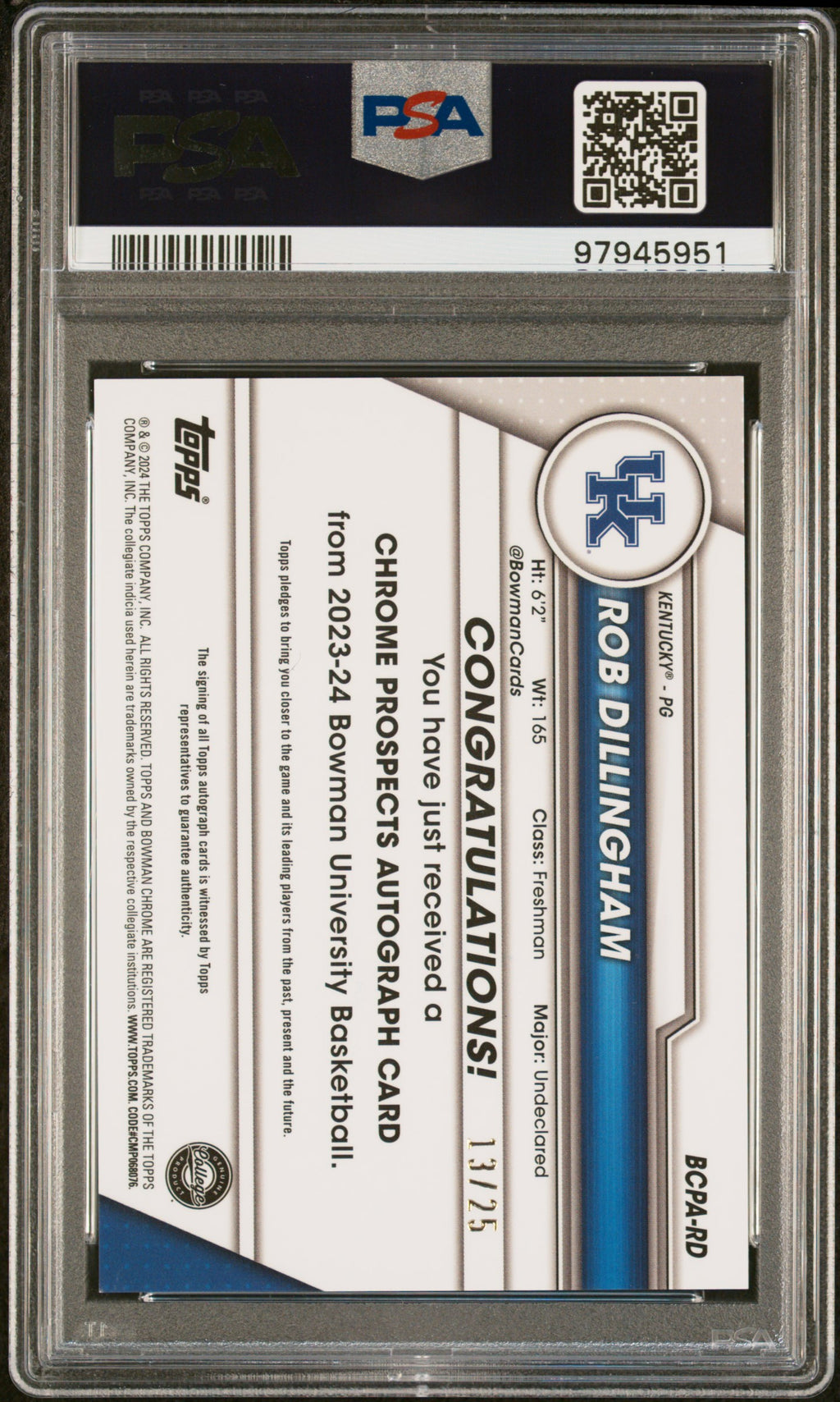 2023 Bowman University Chrome Bowman Chrome Prospects Autographs Rob Dillingham #RD Orange Ref PSA 9