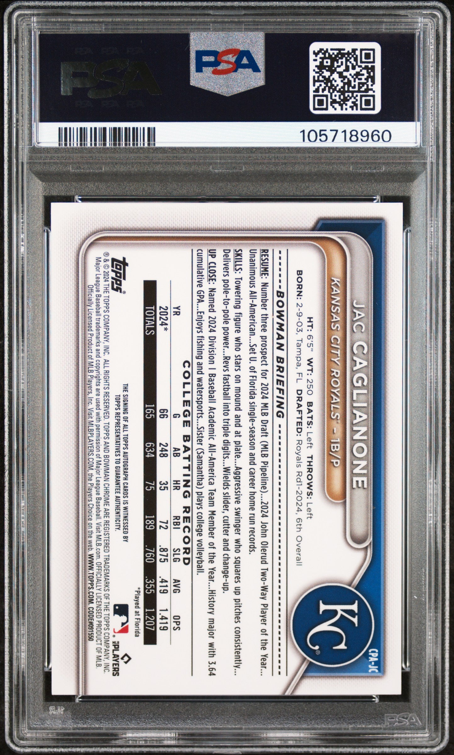 2024 Bowman Draft Chrome Prospect Autographs Jac Caglianone #CPAJC Blue Ref 087/150 PSA 9