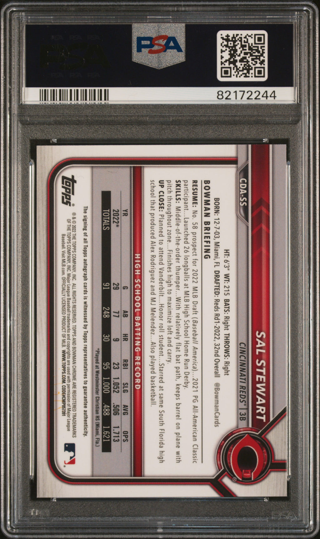 2022 Bowman Draft Chrome Draft Pick Autographs Sal Stewart #CDASS CHR. DP Purple Refractor 217/250 PSA 9