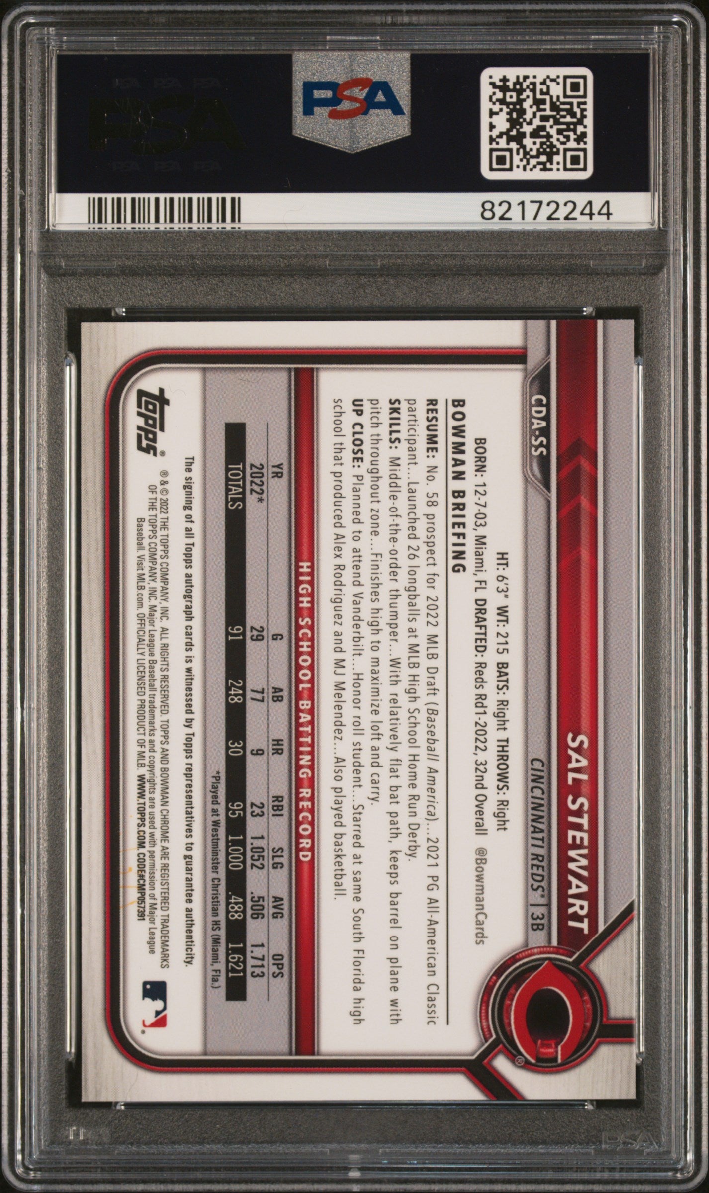 2022 Bowman Draft Chrome Draft Pick Autographs Sal Stewart #CDASS CHR. DP Purple Refractor 217/250 PSA 9