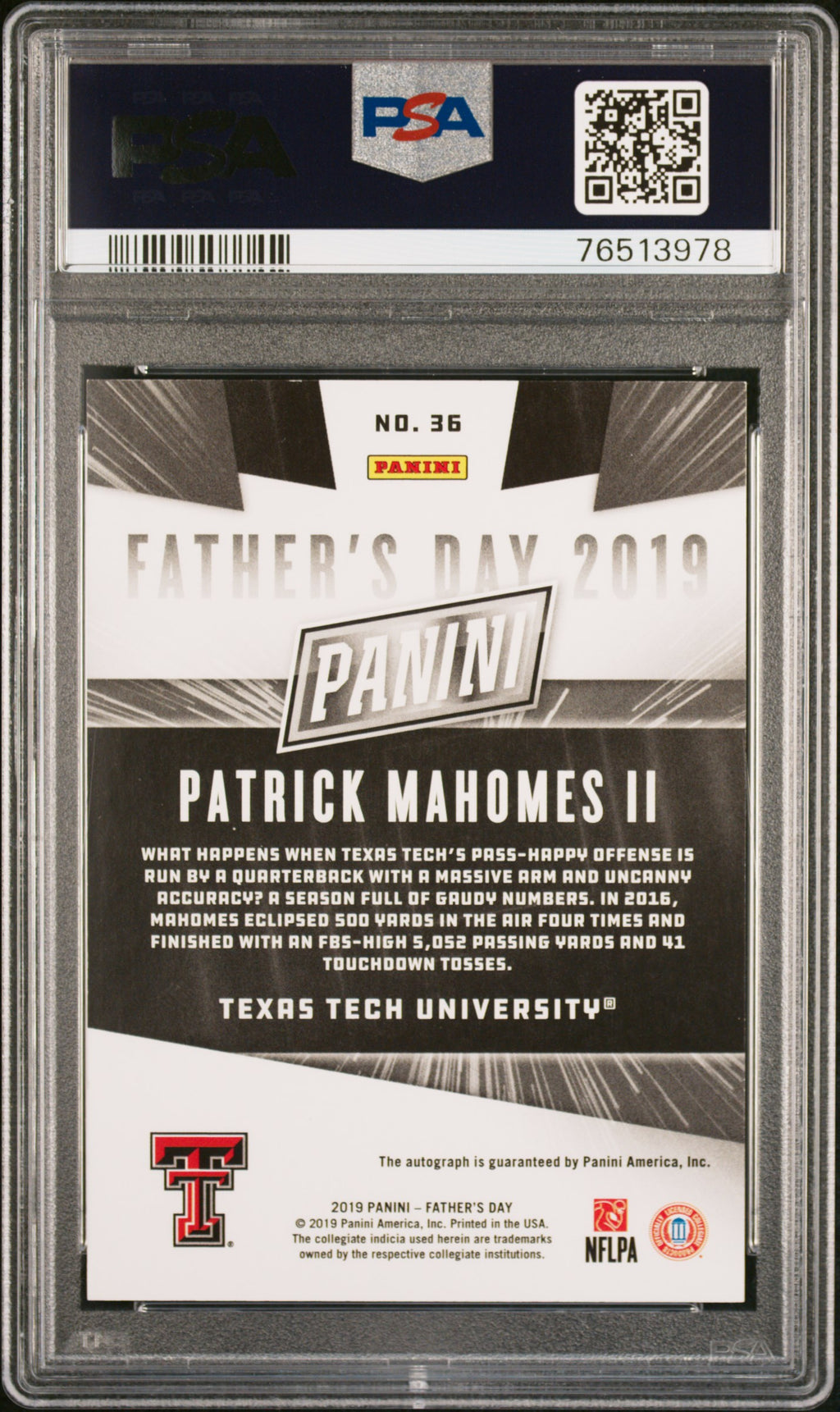 2019 Panini Father's Day Patrick Mahomes II #36 Autograph Future Frames PSA 8