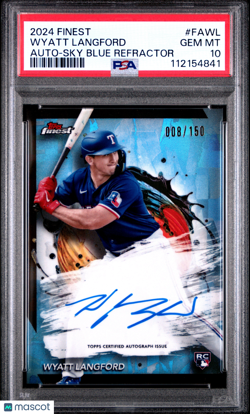 2024 Topps Finest Finest Autographs Wyatt Langford #FAWL Sky Blue Refractor 008/150 PSA 10